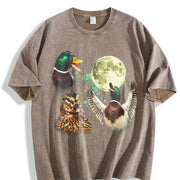 Mallard Duck Moon Retro Wildlife Bird Vintage Washed T-Shirt in Brown