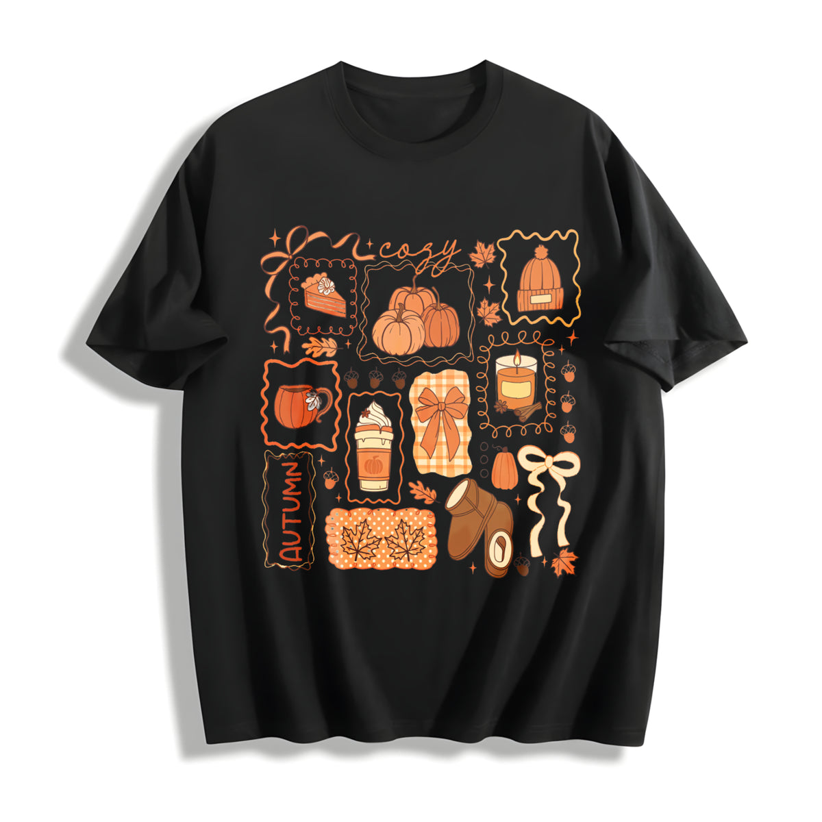 Preppy Fall Bow Pumpkin Pullover Cotton T-Shirt in Black