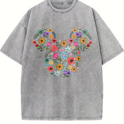 Floral Mouse Head Whimsical Ears Vintage Washed T-Shirt in Gray