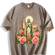 Mexican-inspired Our of Guadalupe & Pink Roses Vintage Washed T-Shirt in Brown