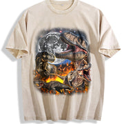 Dinosaur Retro 90s T-rex Dino Vintage Washed T-Shirt in Beige