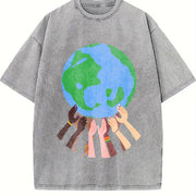 Hands Holding the Earth Vintage Washed T-Shirt in Gray