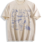 Sea Creatures Retro 90s Vintage Washed T-Shirt in Beige