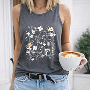 Floral with White and Pink Flowers Crew-neck Sleeveless Women's Color Cotton Tank Top in Gray