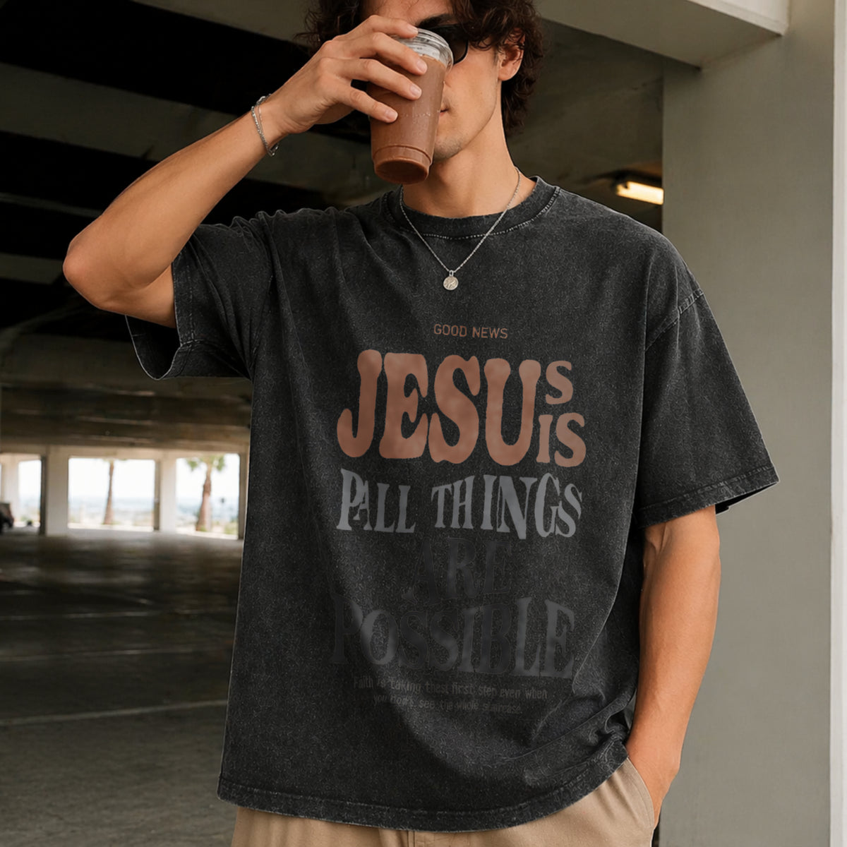 Jesus All Things Are Possible Vintage Washed T-Shirt in Black