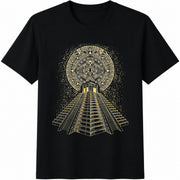 Aztec Pyramid Calendar Cotton T-Shirt in Black