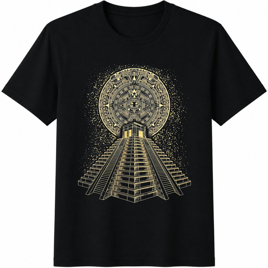 Aztec Pyramid Calendar Cotton T-Shirt in Black