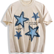 XINGX Star Blue Denim Ideal for All Seasons vintage washed oversized T-shirt in Beige