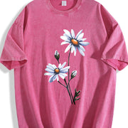 White Daisy Flowers Vintage Washed T-Shirt in Red