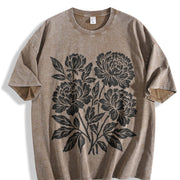 Linocut Flower Retro Block Peonies Vintage Washed T-Shirt in Brown