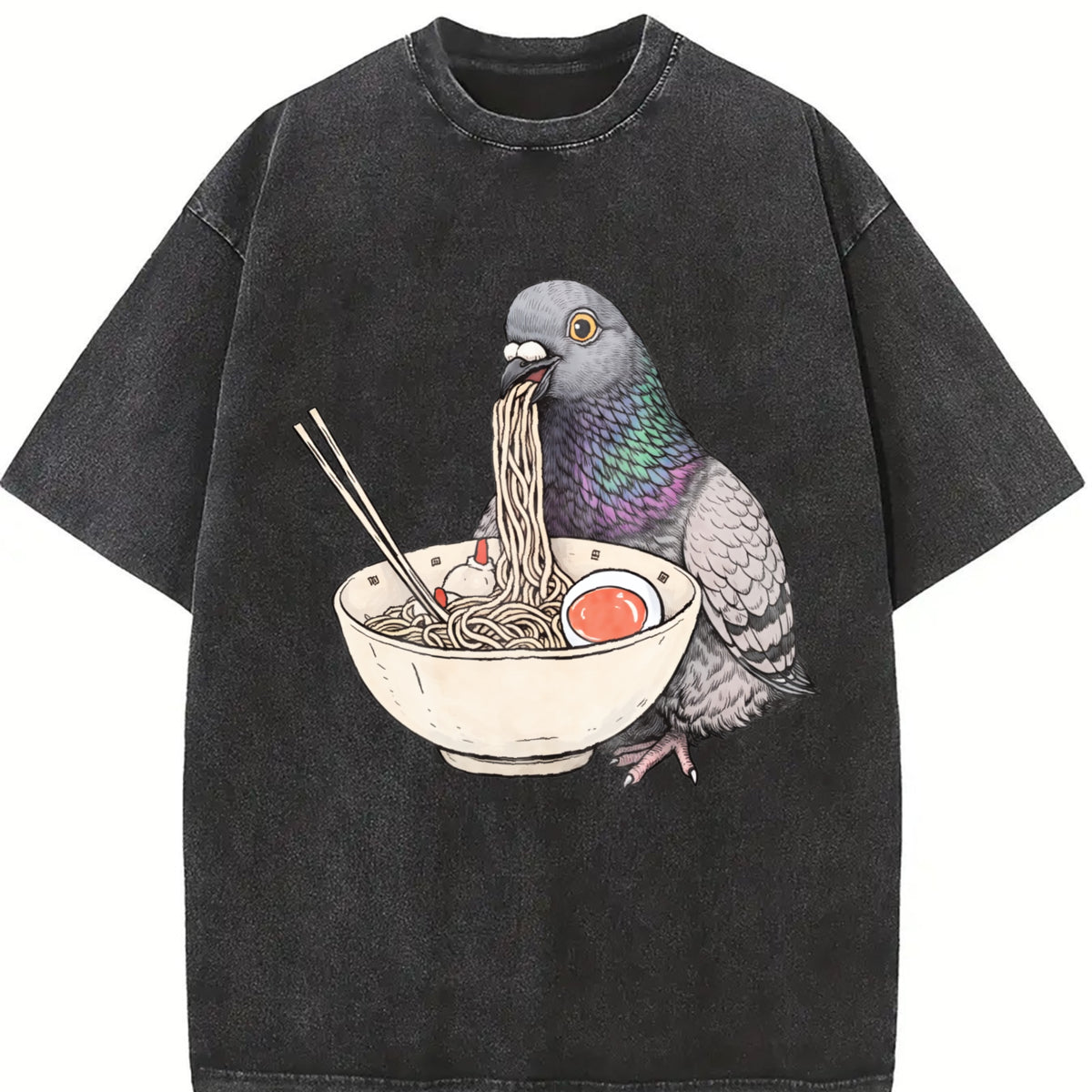 Pigeon Ramen Retro Pigeon Eating Noodles Vintage Washed T-Shirt in Black