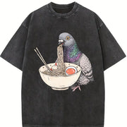 Pigeon Ramen Retro Pigeon Eating Noodles Vintage Washed T-Shirt in Black