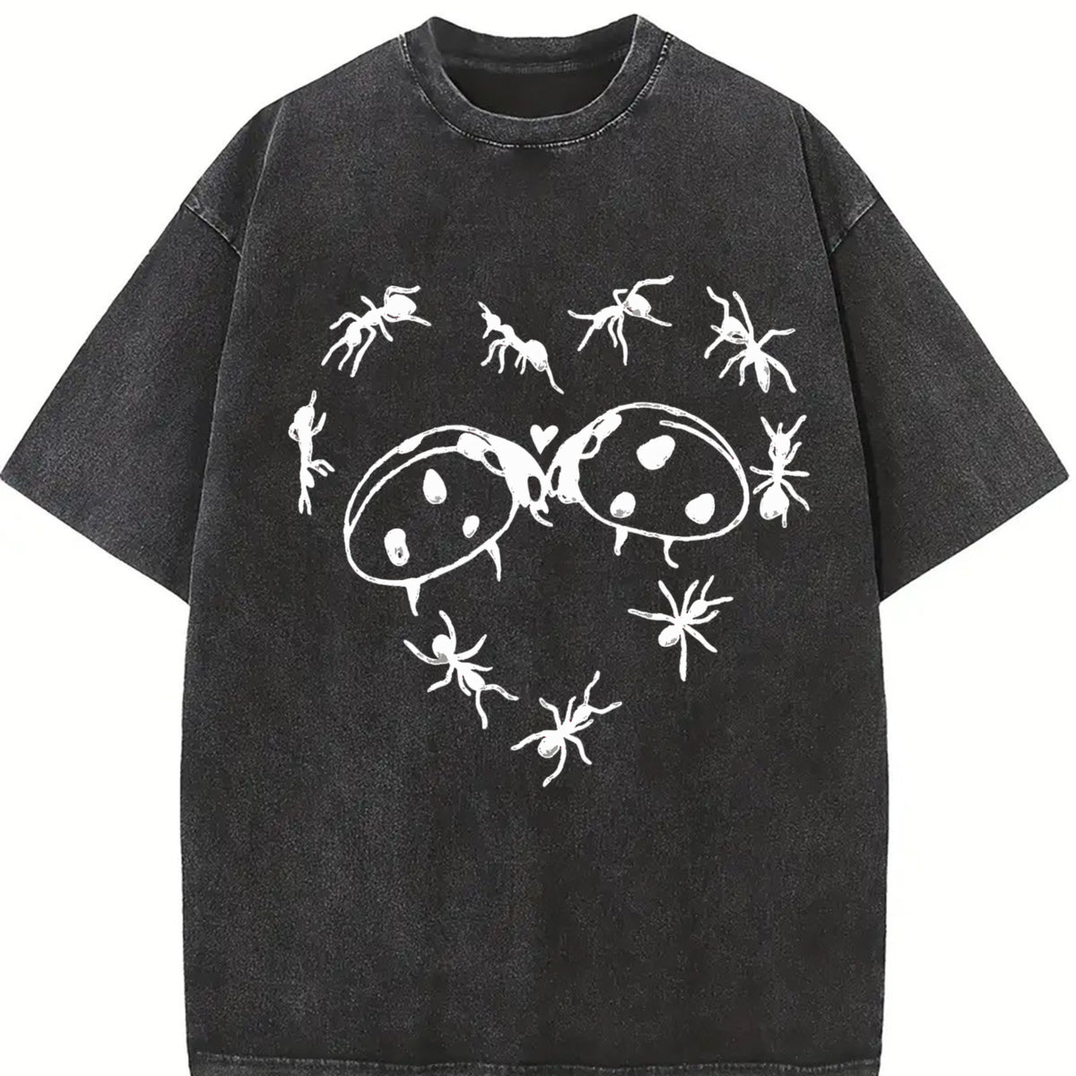 Batik - Ants Ladybugs Heart Prints vintage washed oversized T-shirt in Black
