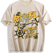 Faded Pure Short-sleeve a Flame Skull 'Rebel' Rock Vintage Washed T-Shirt in Beige