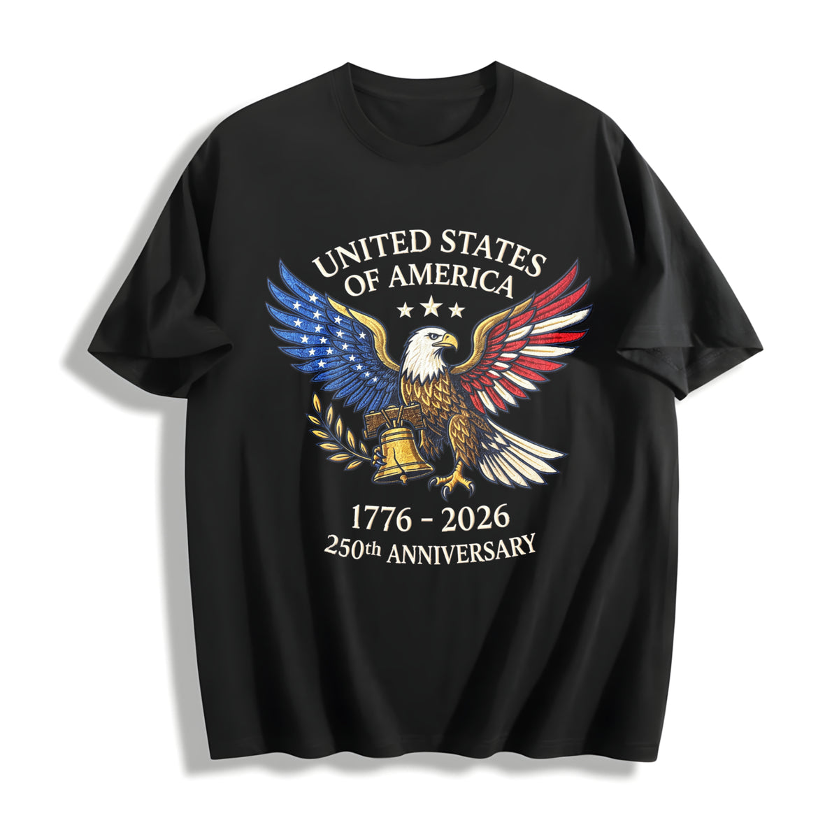 Embroidered Retro 250th Anniversary USA Cotton T-Shirt in Black