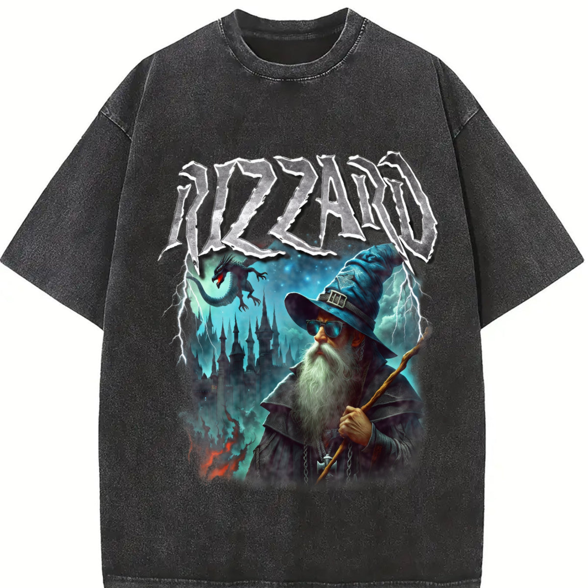 Rizzard Fantasy Wizard Vintage Washed T-Shirt in Black