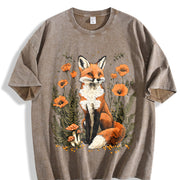 Plant and Animal Fox Floral Spotted Mushroom 1pc Vintage Washed T-Shirt in Brown