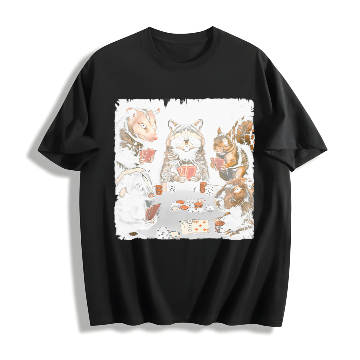 Animals Playing Poker Cotton T-Shirt in Black