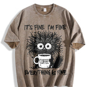 Animal Letter Furry Cat Coffee Vintage Washed T-Shirt in Brown