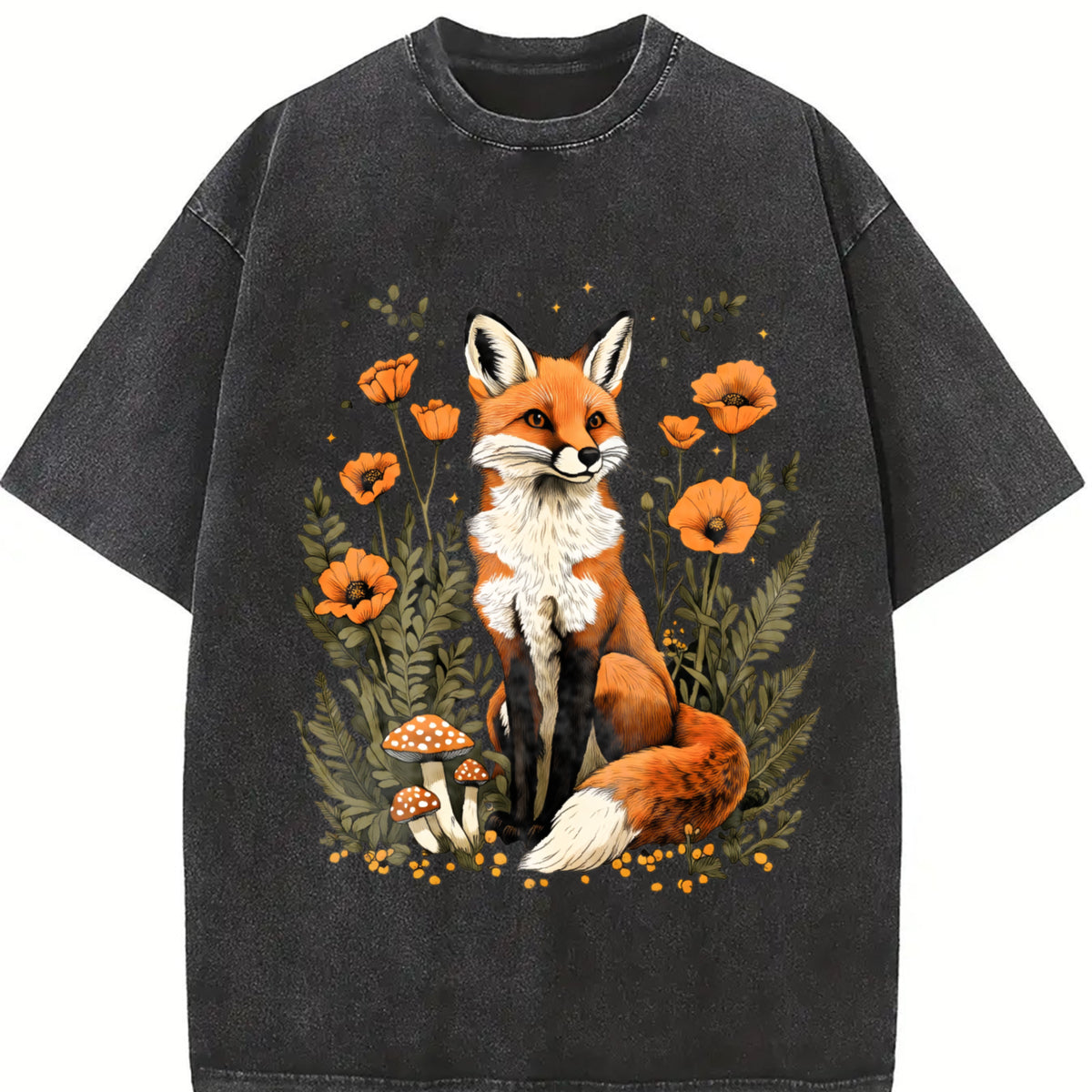 Plant and Animal Fox Floral Spotted Mushroom 1pc Vintage Washed T-Shirt in Black