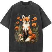 Plant and Animal Fox Floral Spotted Mushroom 1pc Vintage Washed T-Shirt in Black
