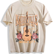 Music City Floral Guitar Vintage Washed T-Shirt in Beige