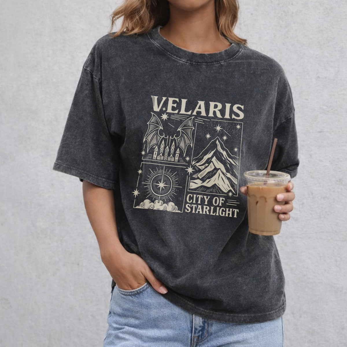 Velaris City of Starlight Acotar vintage washed oversized T-shirt in Black