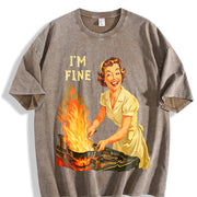 I Am Fine Retro Housewife Vintage Washed T-Shirt in Brown