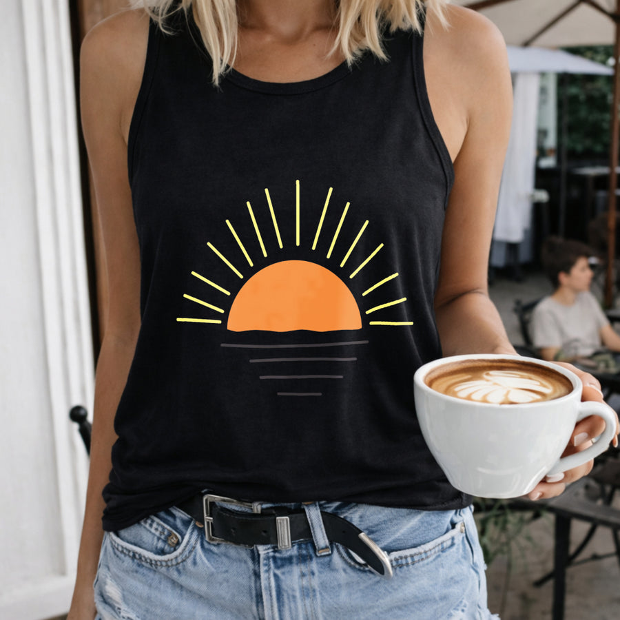 Sunset Horizon Lines and Rays Women's Color Cotton Tank Top in Black