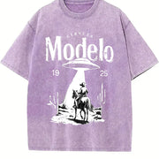 Modelo UFO Cowboy Retro with Cerveza Modelo Letter Vintage Washed T-Shirt in Purple
