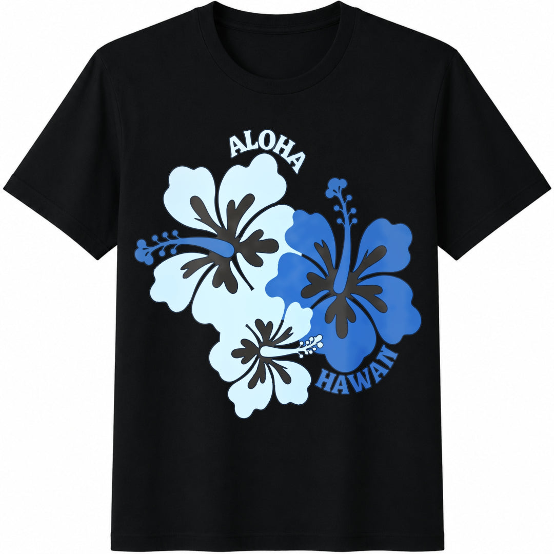 Hibiscus Flower ALOHA Hawaii Round-neck Cotton T-Shirt in Black