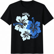 Hibiscus Flower ALOHA Hawaii Round-neck Cotton T-Shirt in Black