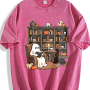 Retro Ghost Reading Books Vintage Washed T-Shirt in Red