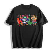 Holiday Letter Wide Brim Hat Cinco De Mayo Carnival HOLA Cotton T-Shirt in Black