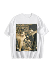 Cat Drinking Cotton T-Shirt in White