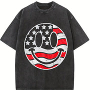 American Flag Smile Fourth of July Vintage Washed T-Shirt in Black