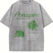 Porcupine 90s Retro Animal Facts Info Vintage Washed T-Shirt in Gray