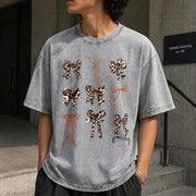 With Leopard Material Plus Black Floral Light Floral Vintage Washed T-Shirt in Gray