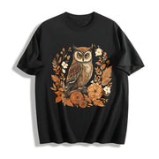 Autumn Leaf Flower Owl One-piece Cotton T-Shirt in Black