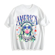 America Statue of Liberty Blowing Bubble Gum Cotton T-Shirt in White