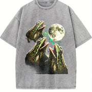 Frogs Howling to Moon 90s Vintage Washed T-Shirt in Gray