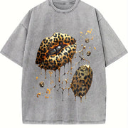 Leopard Lips and Soccer Ball Vintage Washed T-Shirt in Gray