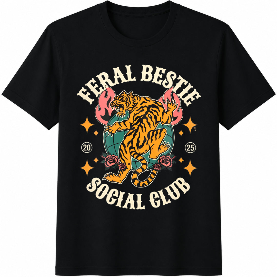 Custom Feral Bestie Social Club Cotton T-Shirt in Black