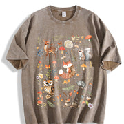 With Forest Animals and Flowers Vintage Washed T-Shirt in Brown
