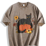 Halloween Holiday Animal Cat Floral Pumpkin One-piece Vintage Washed T-Shirt in Brown