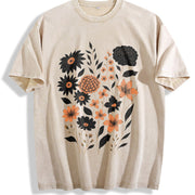 Pressed Flowers Botanical Floral Vintage Washed T-Shirt in Beige