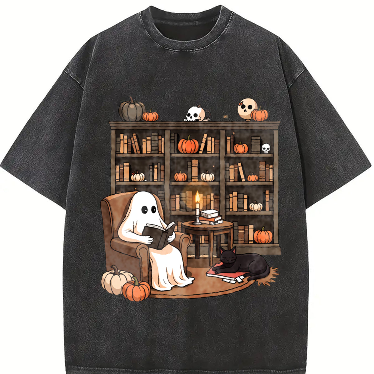 Retro Ghost Reading Books Vintage Washed T-Shirt in Black