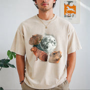 Capybara Moon Retro Meme Moon Vintage Washed T-Shirt in Beige