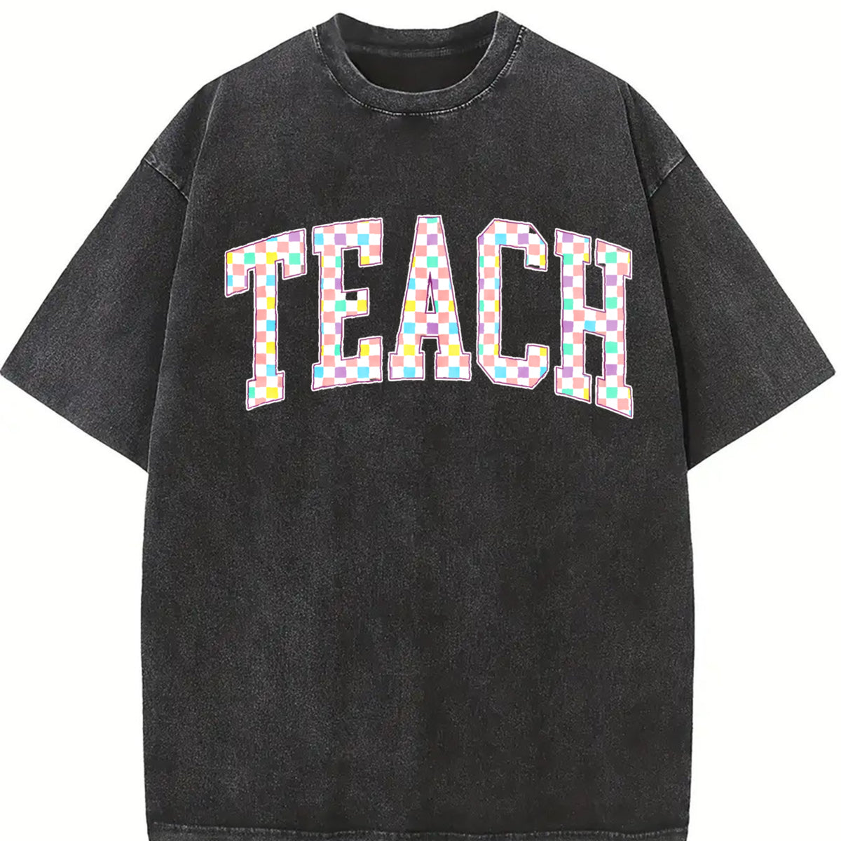 Checkered Teach Back to School Vintage Washed T-Shirt in Black