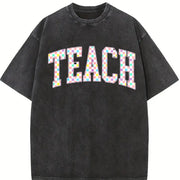 Checkered Teach Back to School Vintage Washed T-Shirt in Black